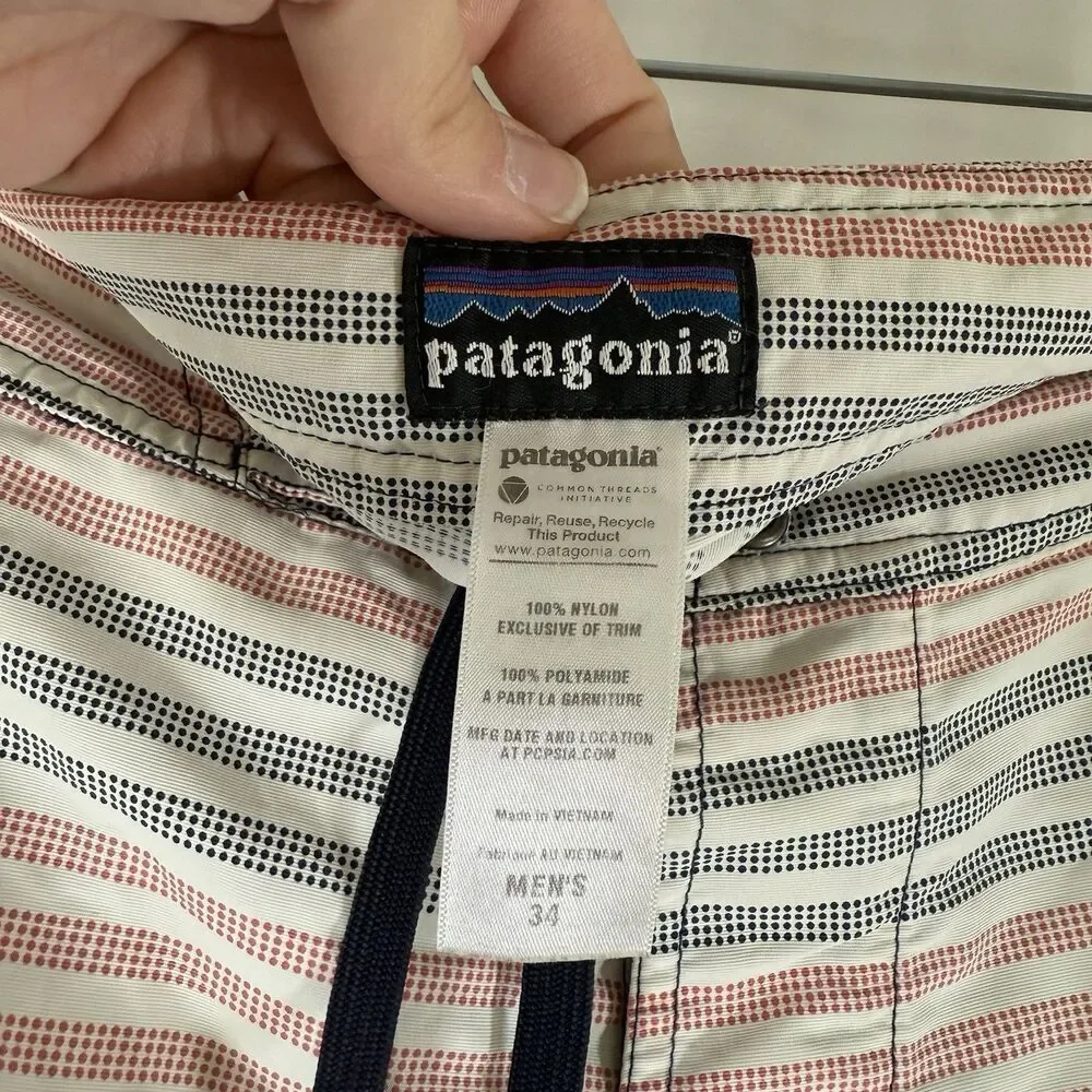 Patagonia Swim Trunks Men's 34 White USA Striped Drawstring Pockets Lightweight